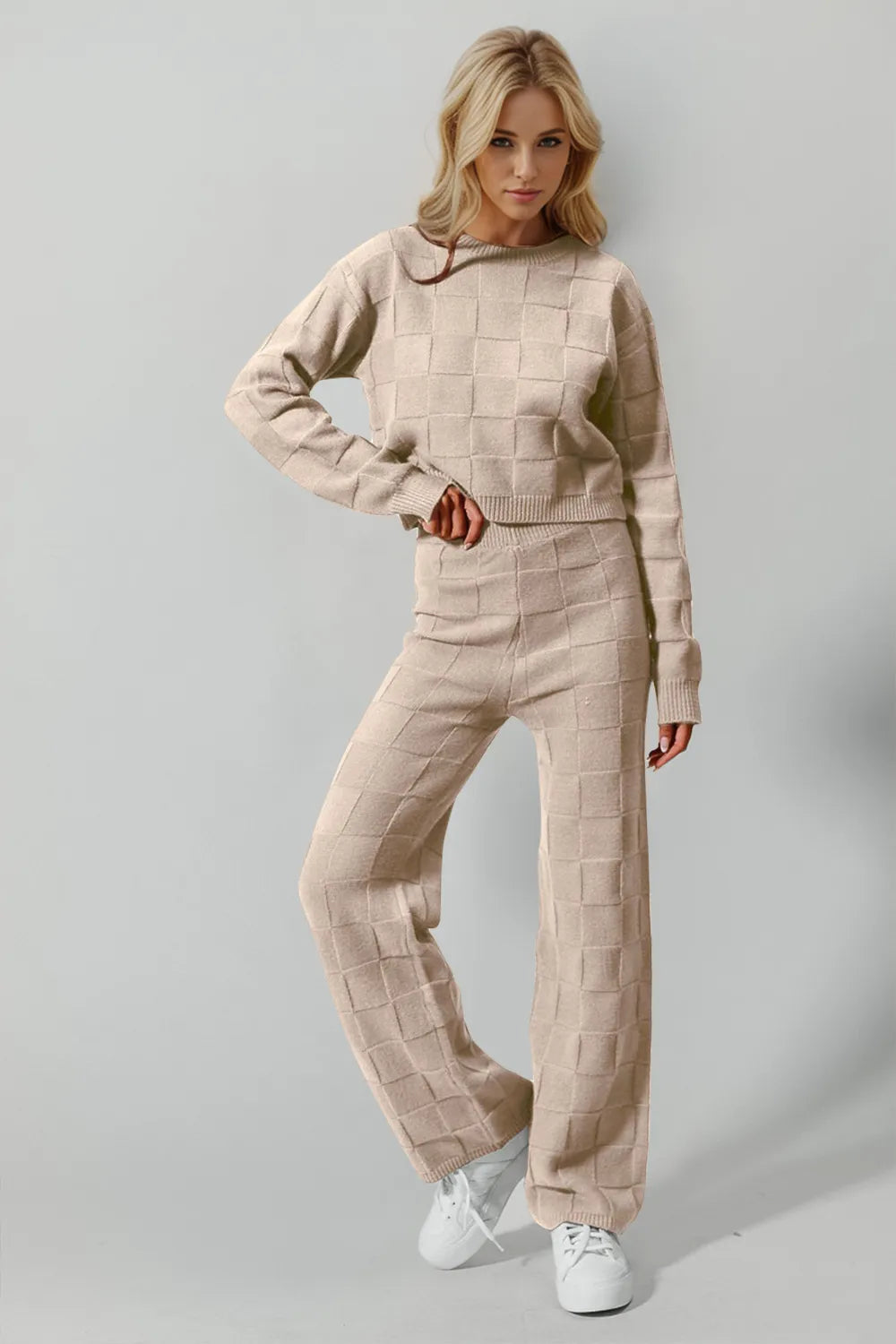 Double Take checkered round neck top and pants set front view