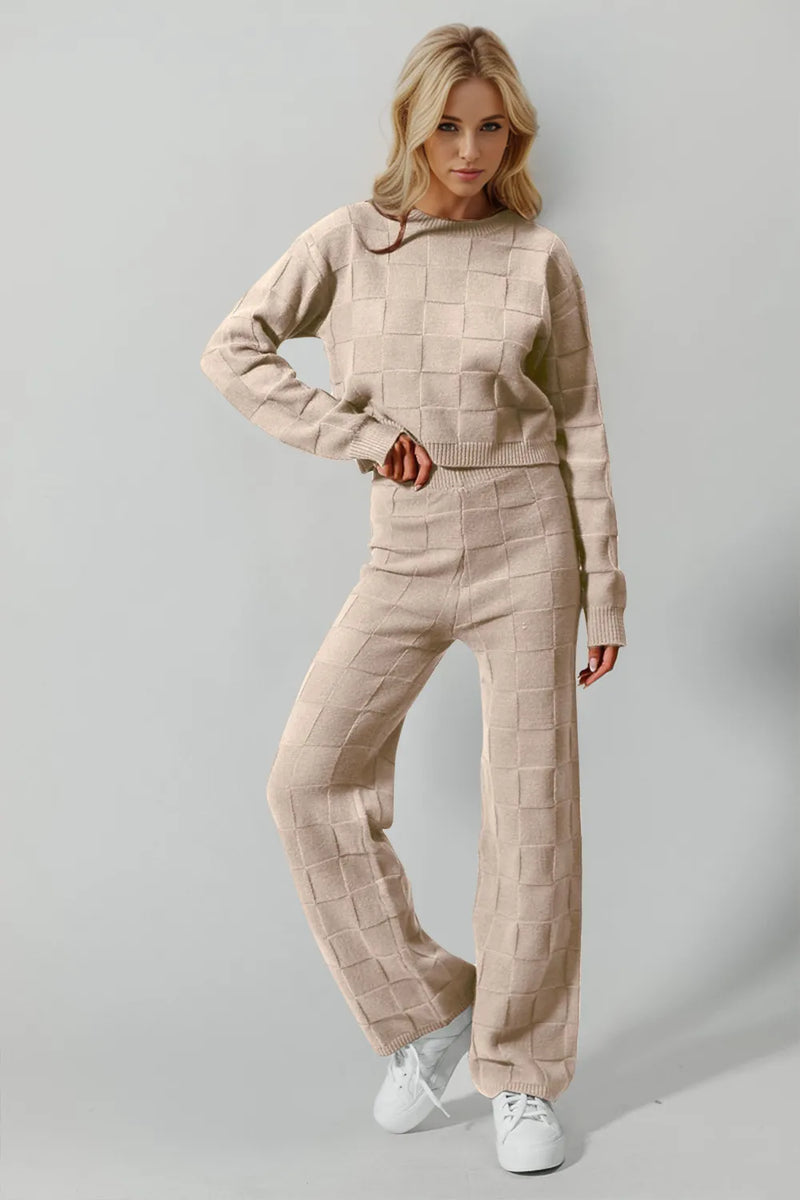 Double Take checkered round neck top and pants set front view