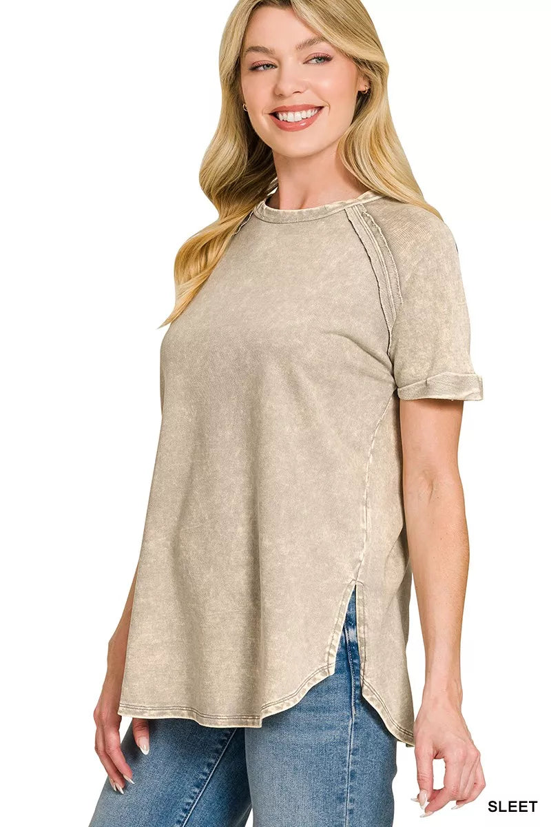 zenana french terry curved hem top back view