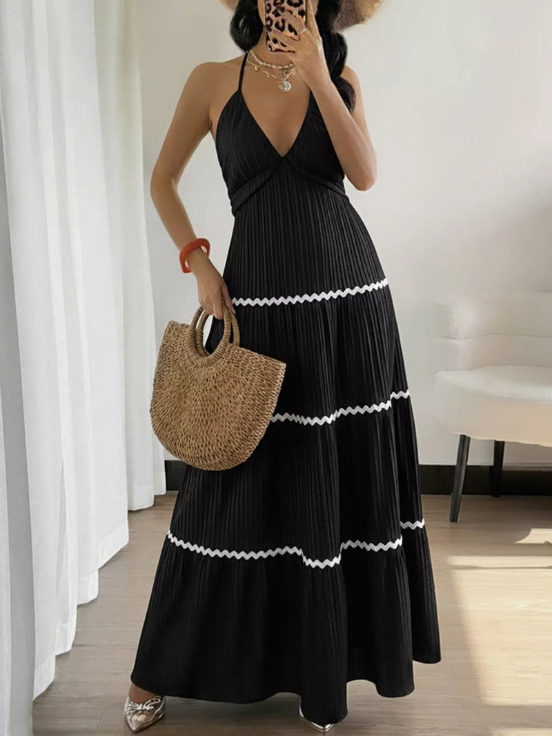 black halter neck pleated maxi dress front view