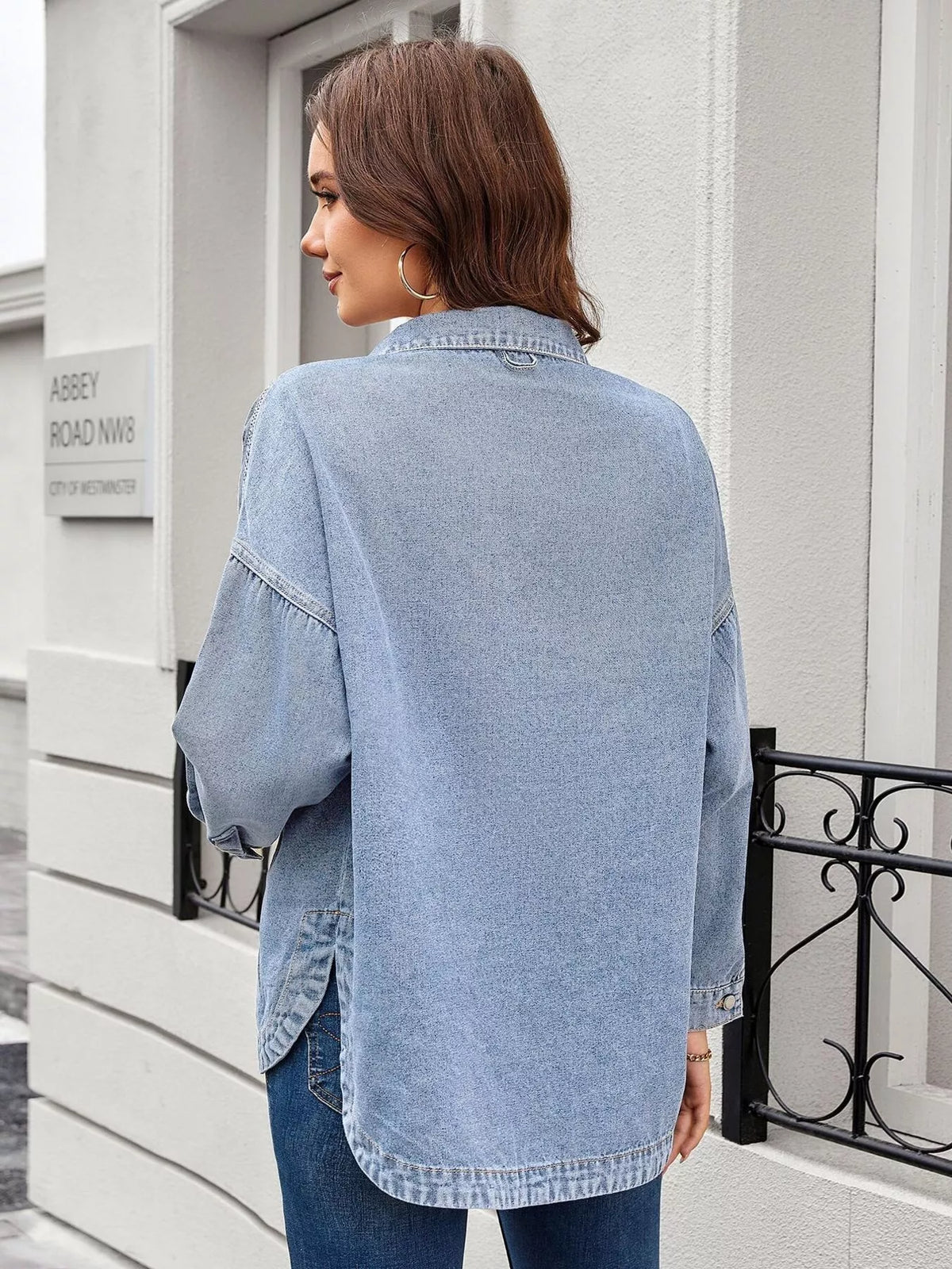 Vintage Wash Button Down Denim Jacket in Light Blue view 9