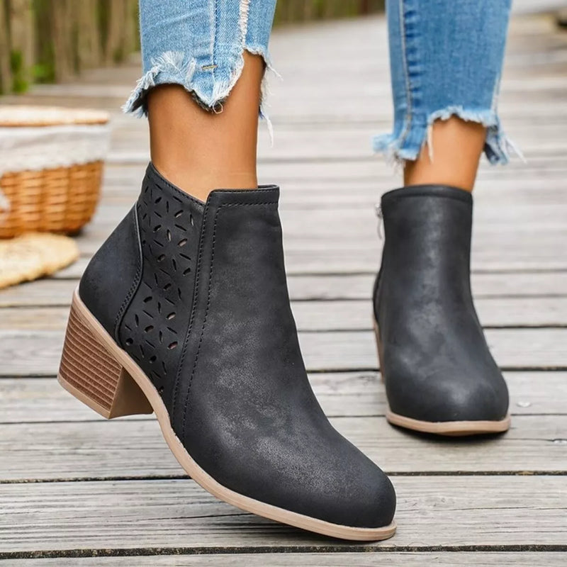 Cutout block heel ankle boots front view