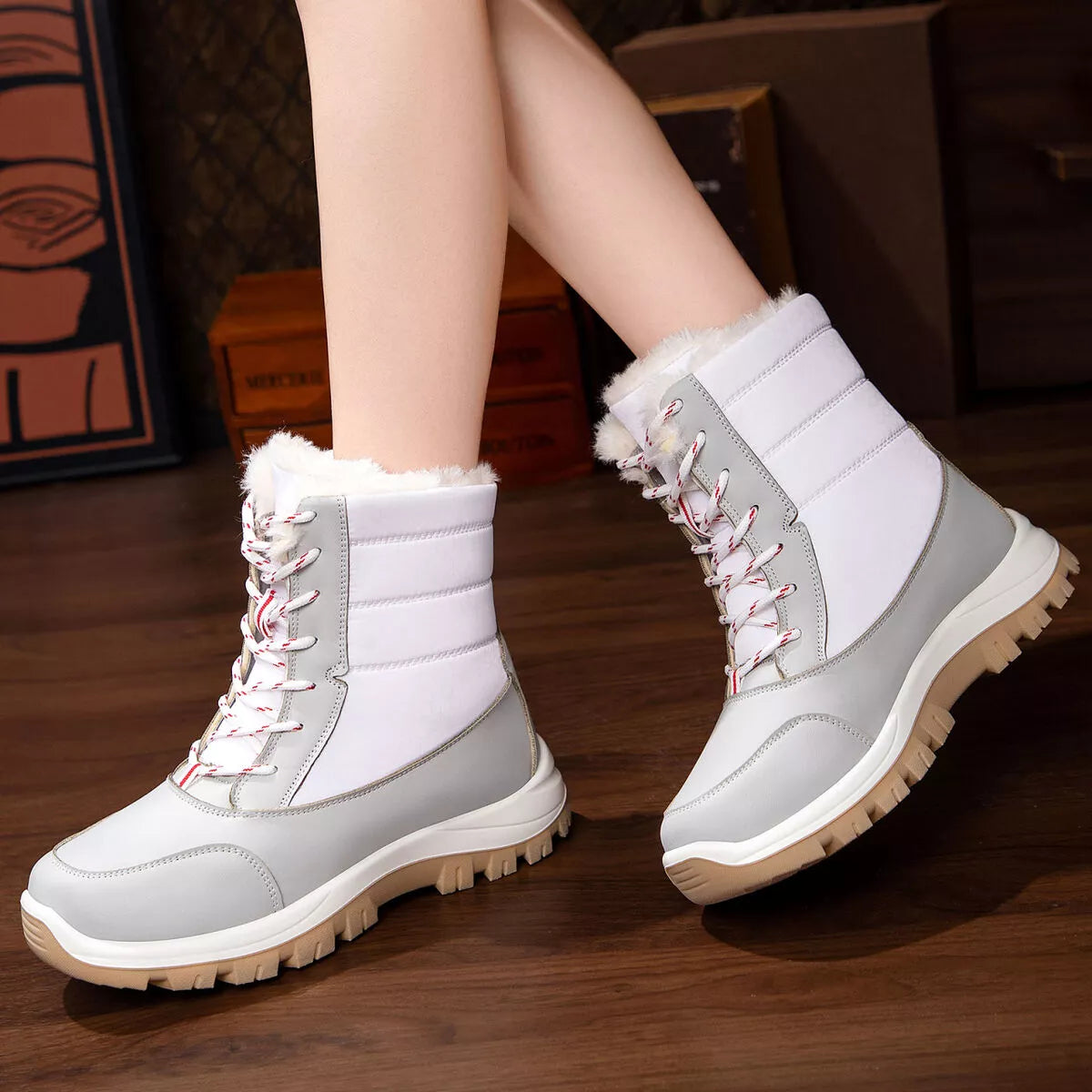 Winter fur lined snow boots angled view
