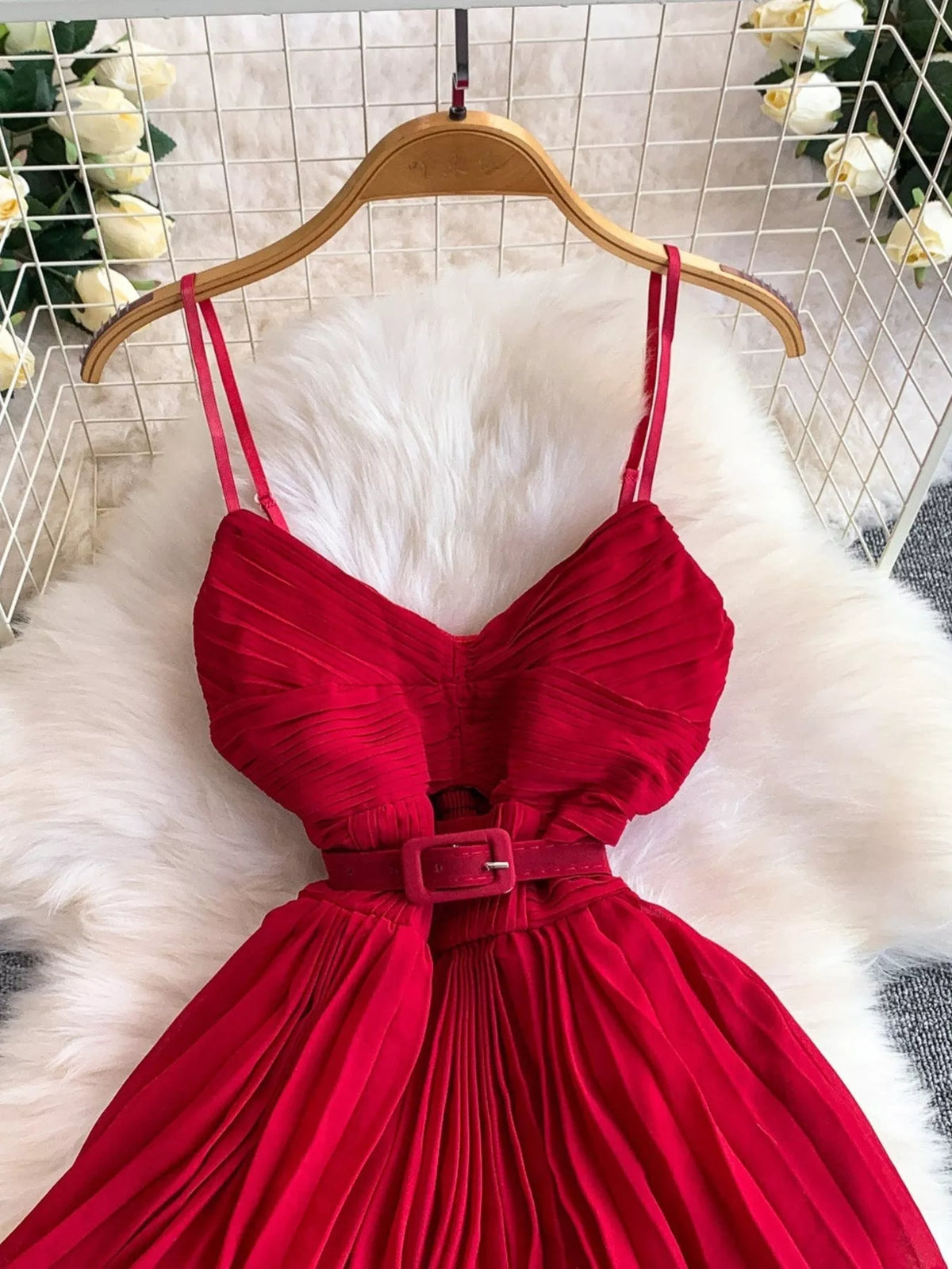 Pleated layered spaghetti strap midi dress back view