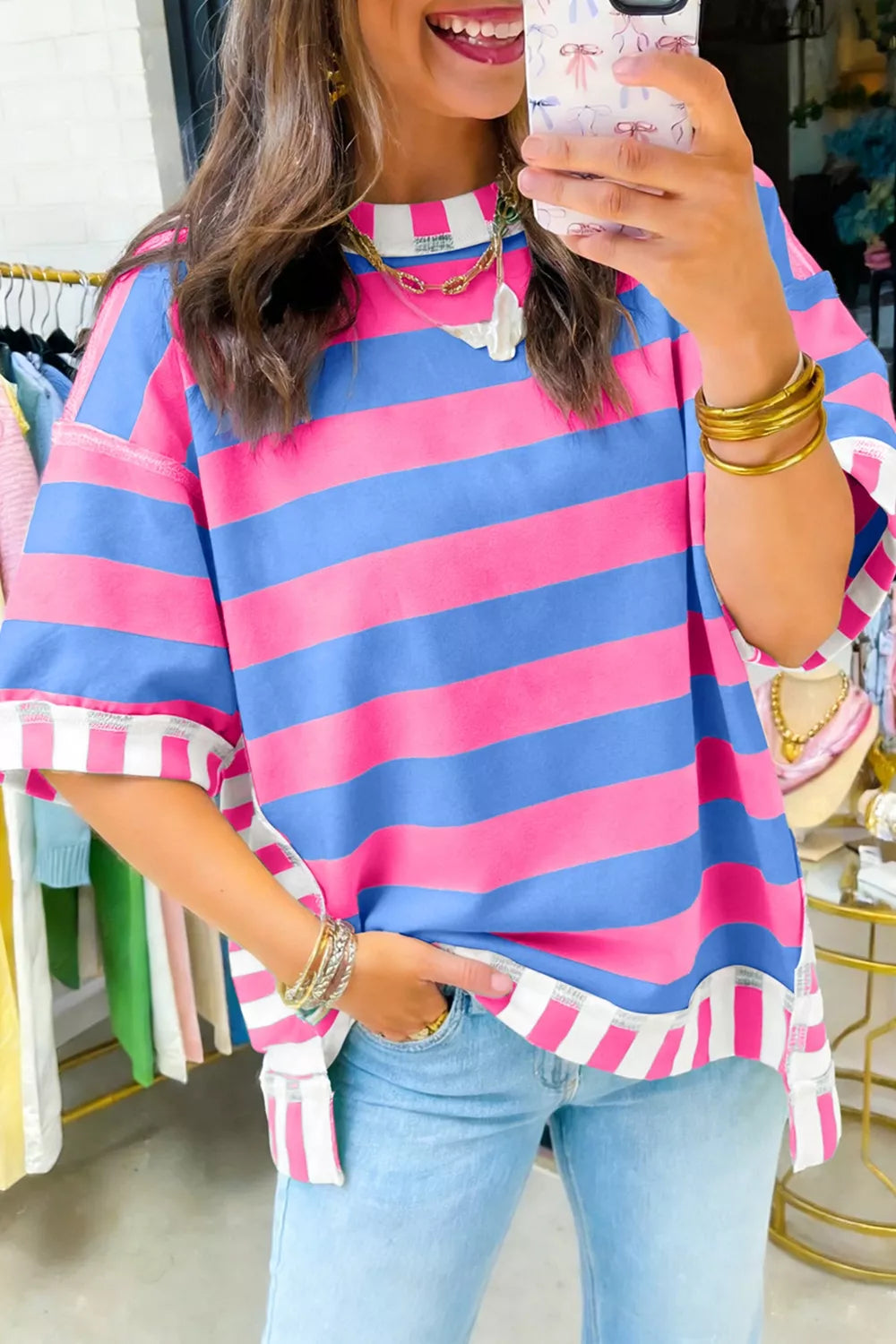 Striped patchwork oversized top in fuchsia pink front view