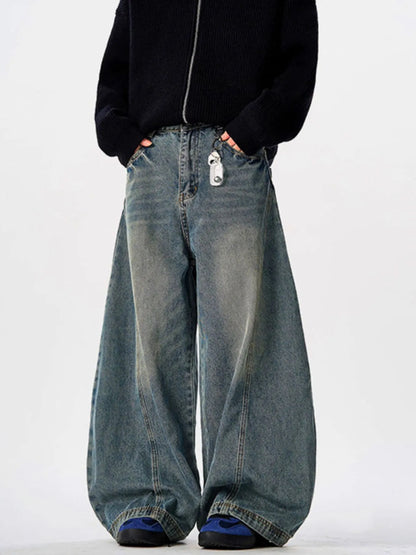 Men's Vintage Washed Wide Leg Curved Jeans Vintage Blue - Fashorio