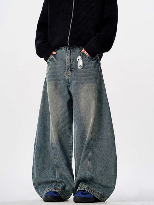 Men's Vintage Washed Wide Leg Curved Jeans Vintage Blue - Fashorio