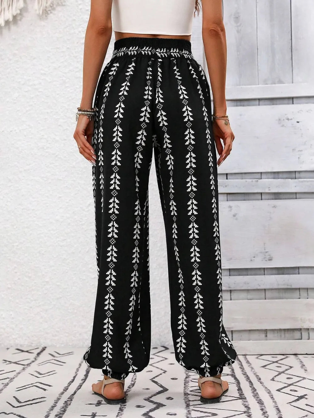 Tie waist printed high waist pants fabric drape detail