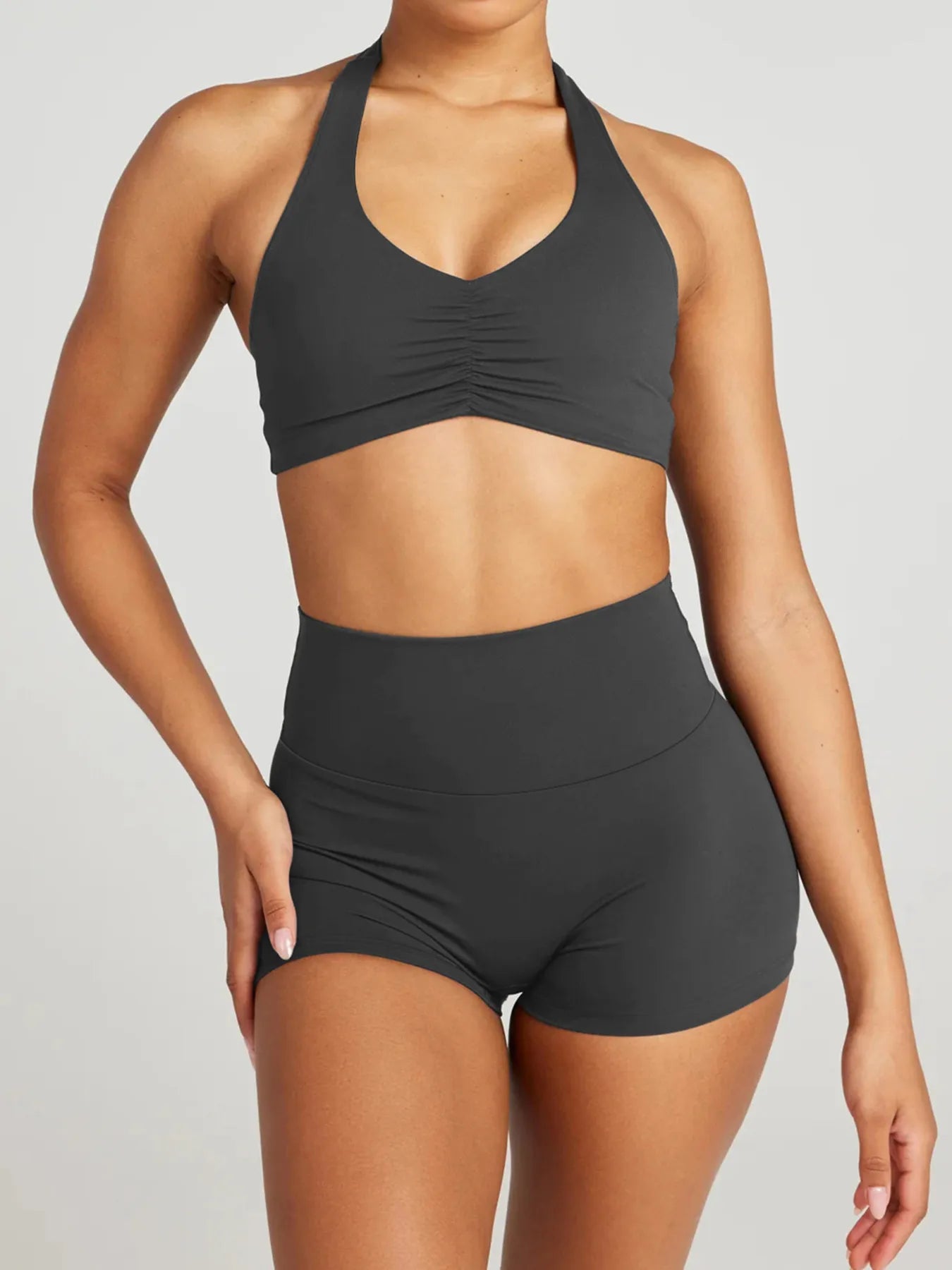 Halter Neck Cami and Shorts Active Set Dark Gray - Fashorio
