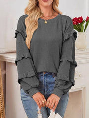 Ruffled Round Neck Long Sleeve Sweatshirt Black - Fashorio
