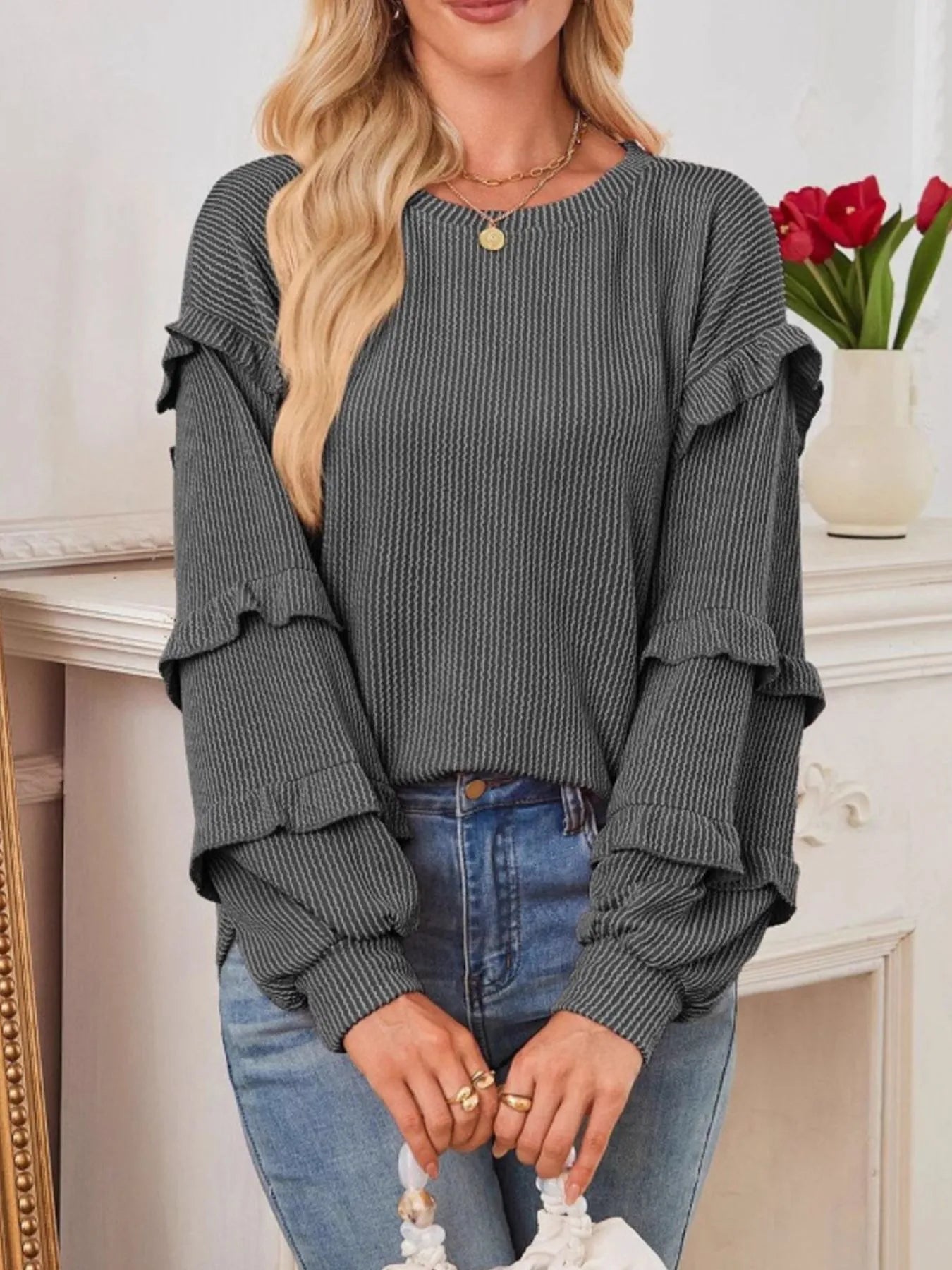 Ruffled Round Neck Long Sleeve Sweatshirt Black - Fashorio