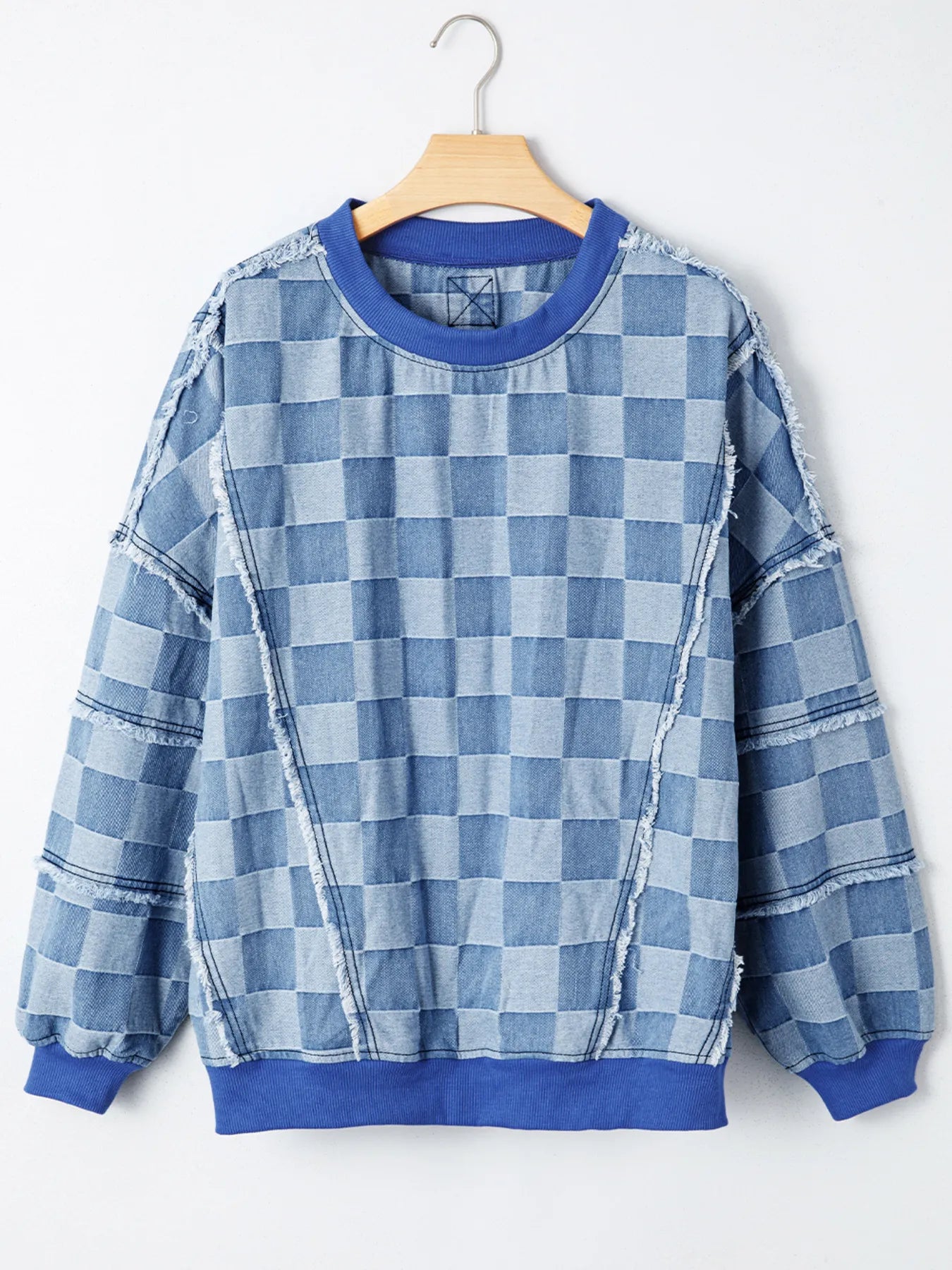 Checkerboard Splicing Raw Detail Oversized Denim Top - Fashorio