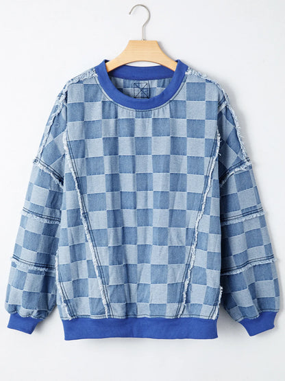 Checkerboard Splicing Raw Detail Oversized Denim Top - Fashorio