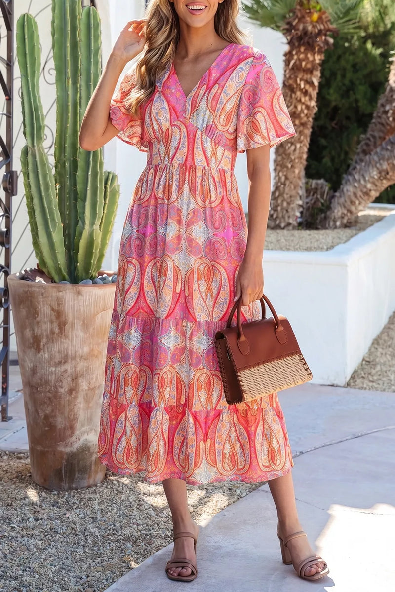 Paisley print boho maxi dress in burnt coral front view