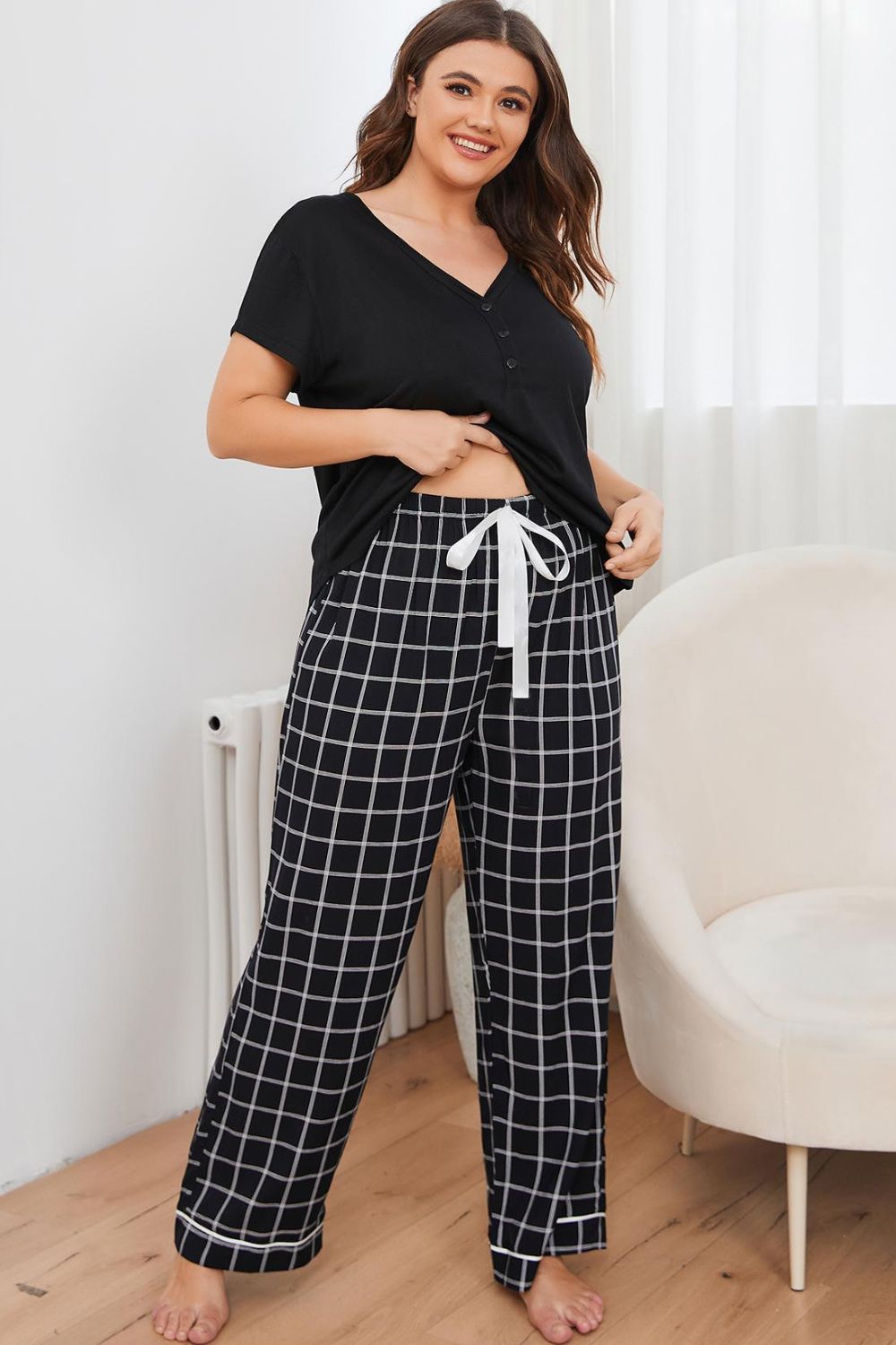 Plus Size V-Neck Top and Plaid Pants Lounge Set - Fashorio