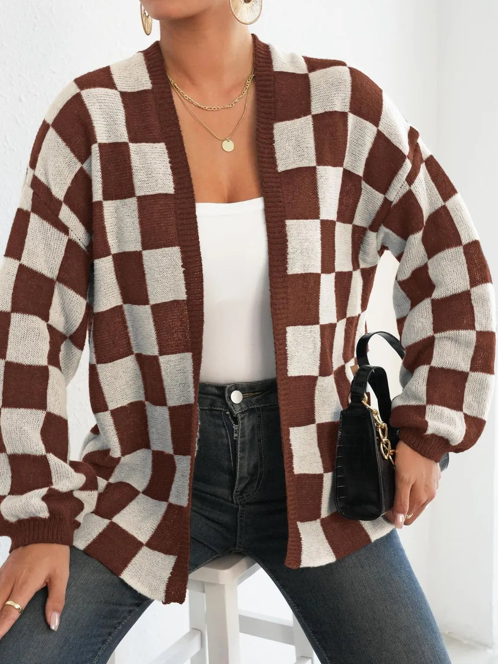 Checkered Open Front Long Sleeve Cardigan - Fashorio