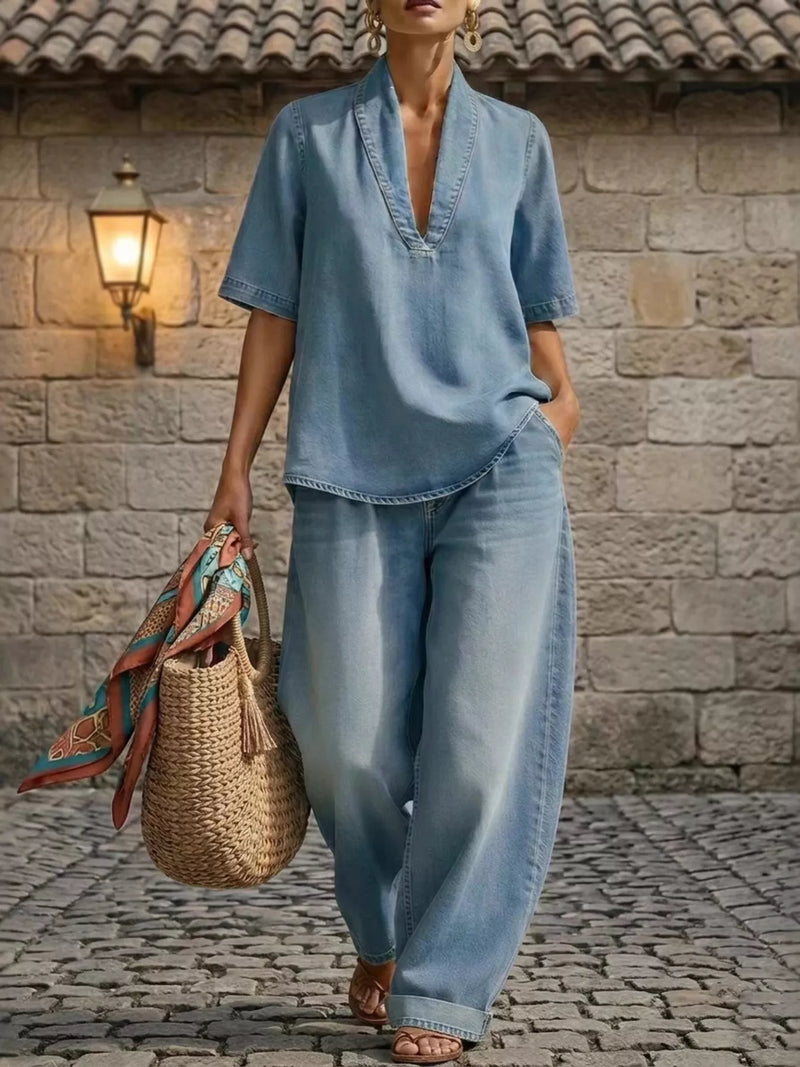 Half sleeve top and wide leg pants set front view