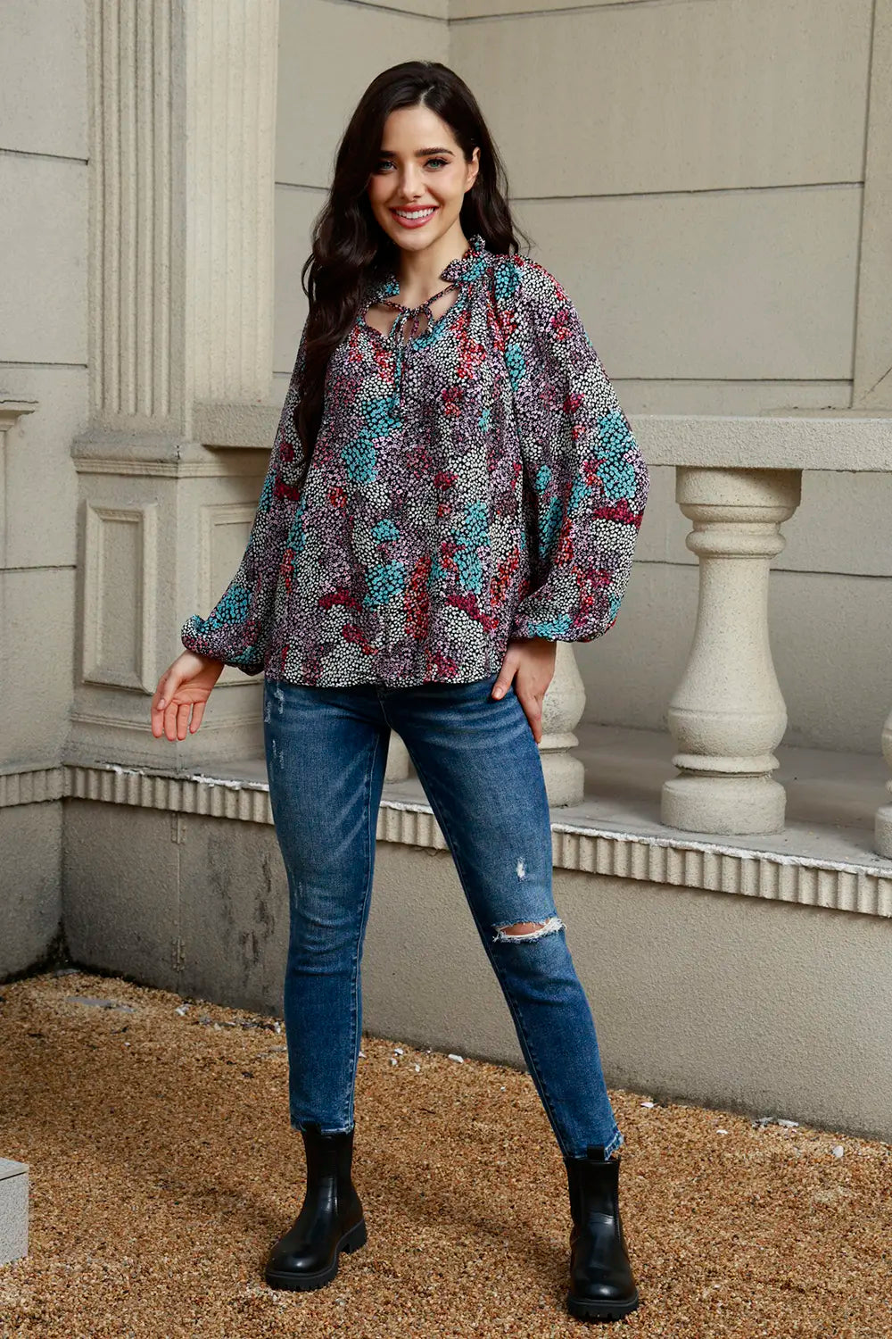 Tie Neck Heathered Balloon Sleeve Blouse Multicolor - Fashorio