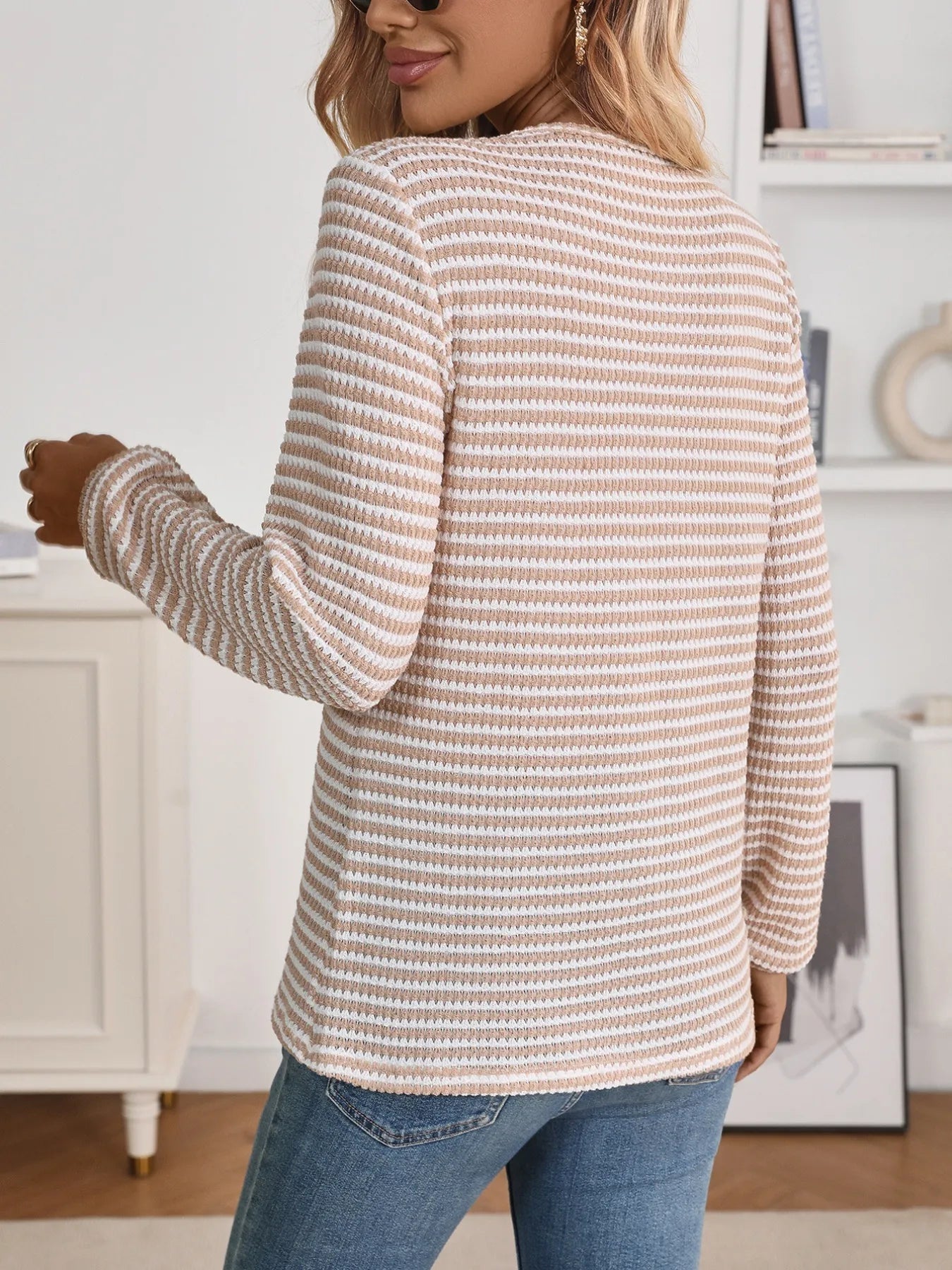 Striped Button Detail Long Sleeve Top - Fashorio