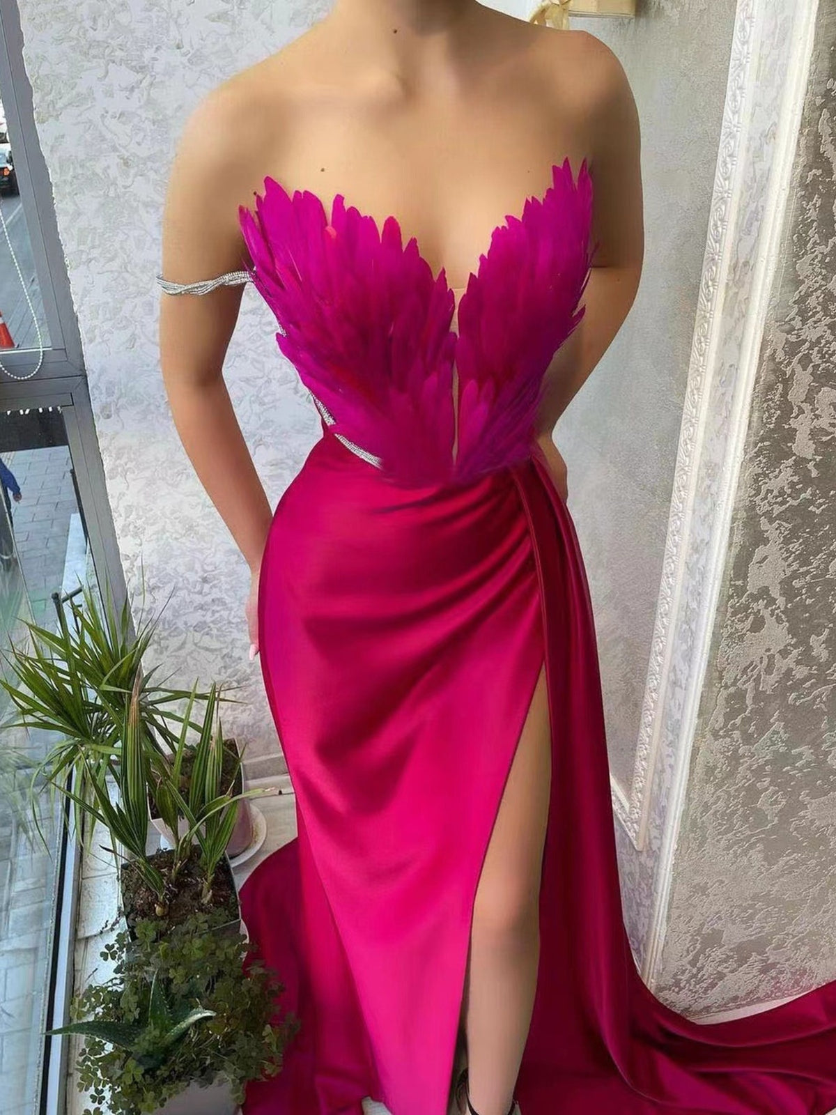 feather trim slit maxi dress seated pose
