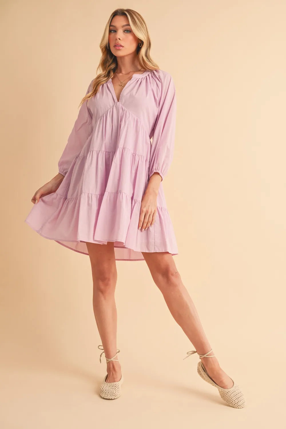 Lilac tiered mini dress hem detail