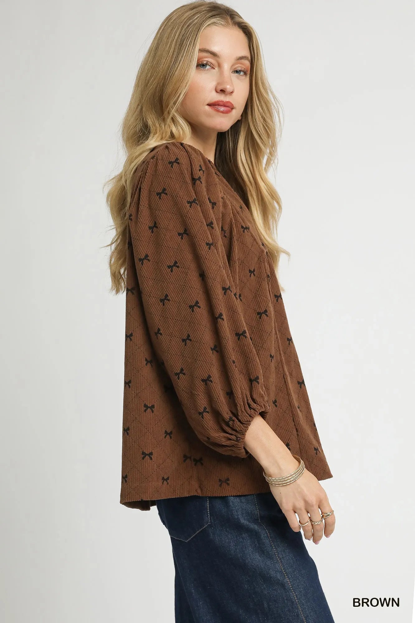 Umgee Corduroy Bow Print Balloon Sleeve Blouse - Fashorio