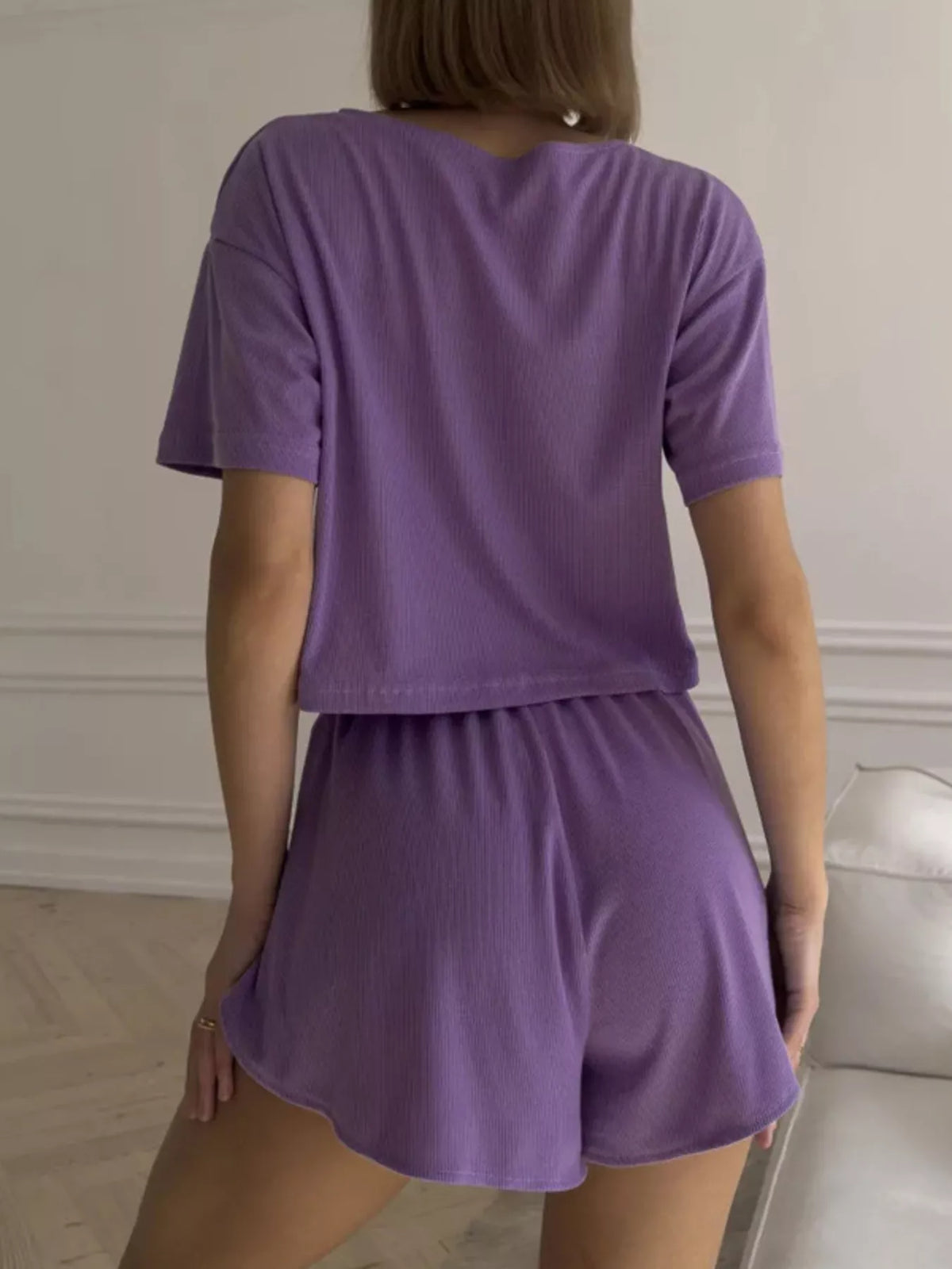 Round neck tee and shorts set full outfit view
