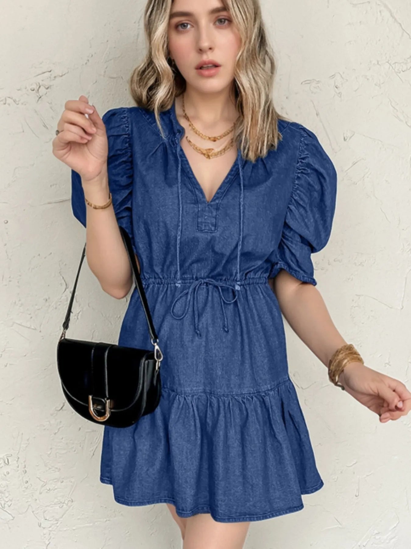 Drawstring High Waist Puff Sleeve Denim Mini Dress - Fashorio