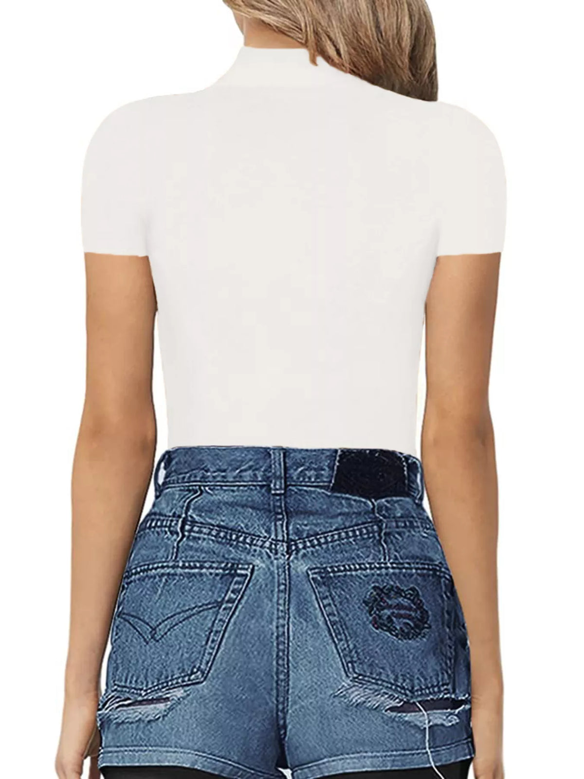 Mock neck short sleeve bodysuit fabric texture view