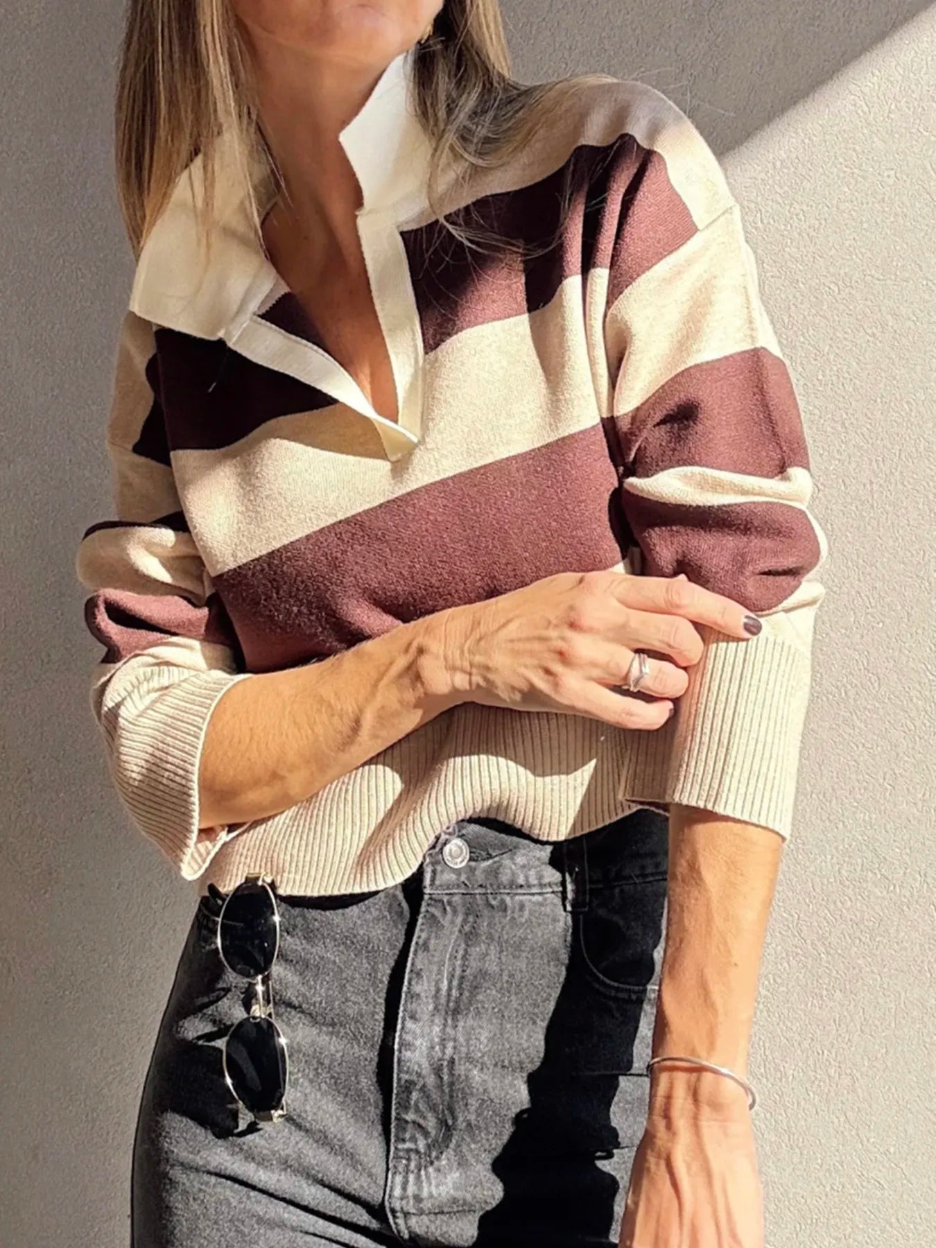 Color Block Long Sleeve Knit Top Brown - Fashorio