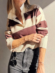 Color Block Long Sleeve Knit Top Brown - Fashorio