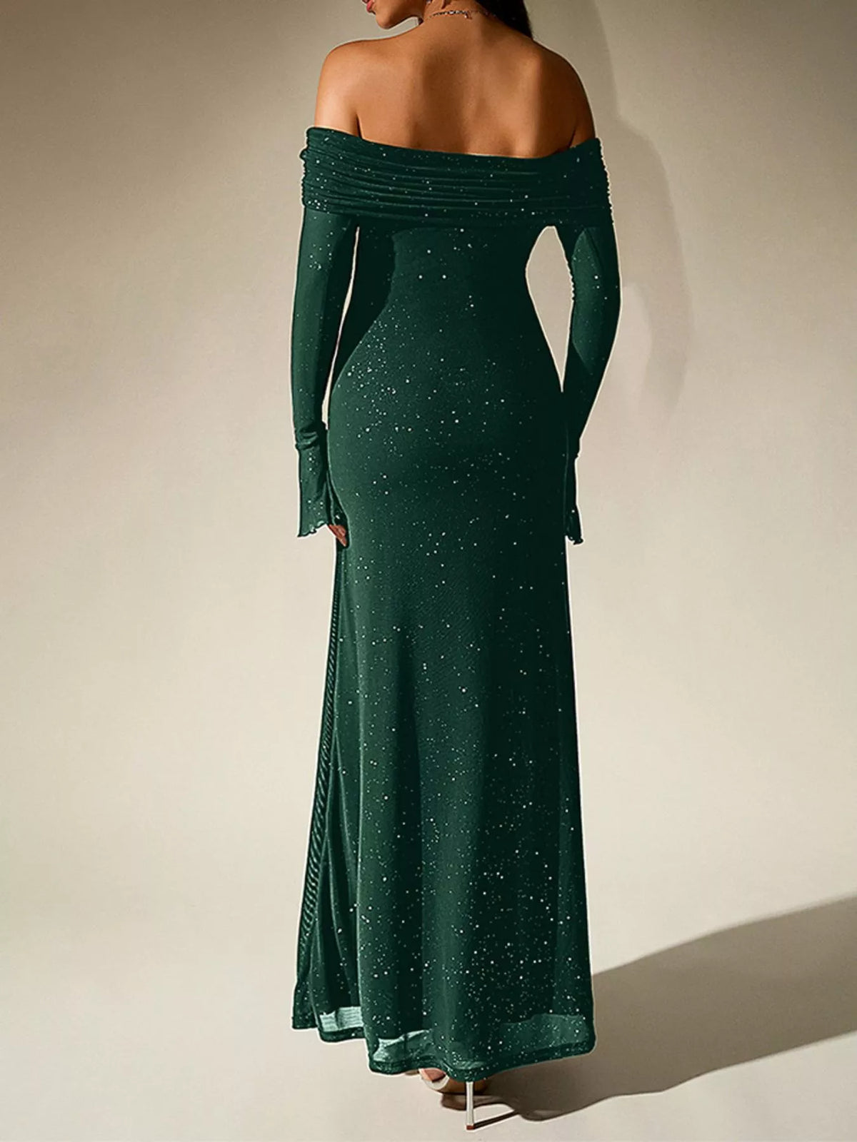 glitter off shoulder maxi dress sleeve detail