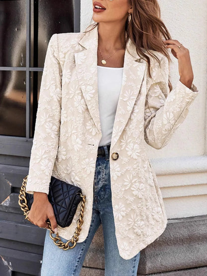 Floral Jacquard One Button Long Sleeve Blazer Eggshell - Fashorio