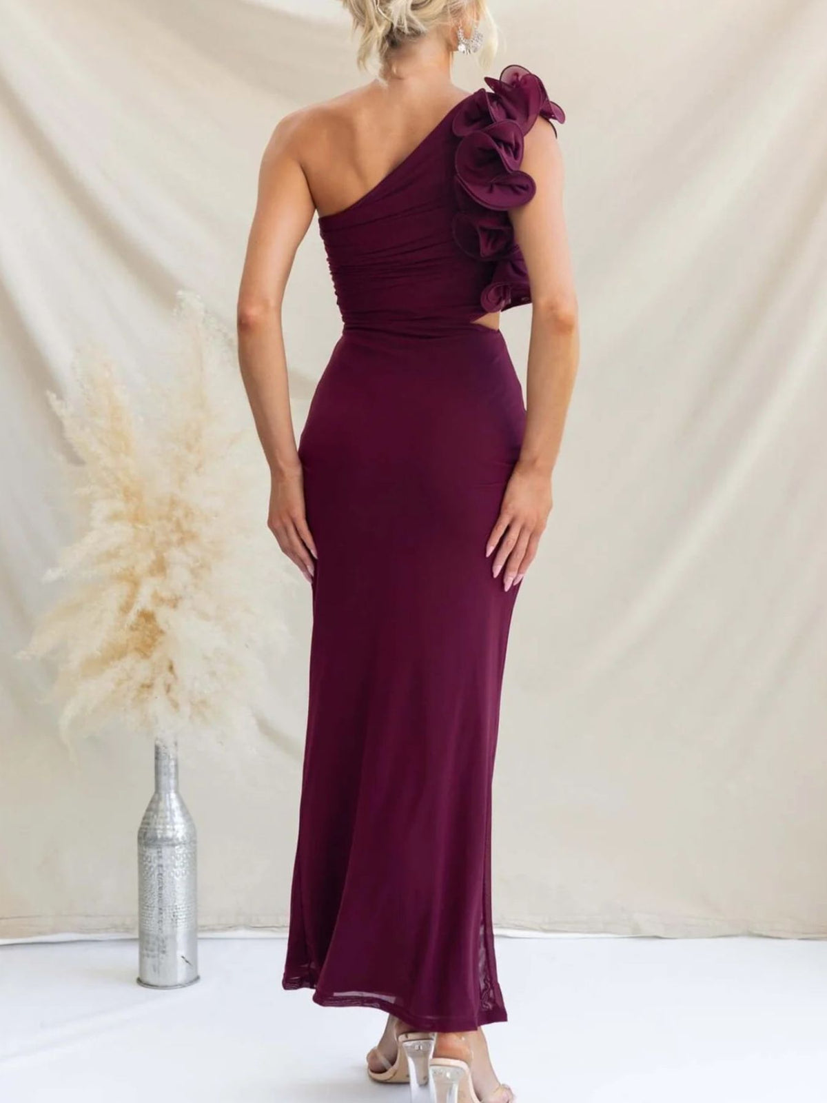 One shoulder floral trim sleeveless maxi dress back detail