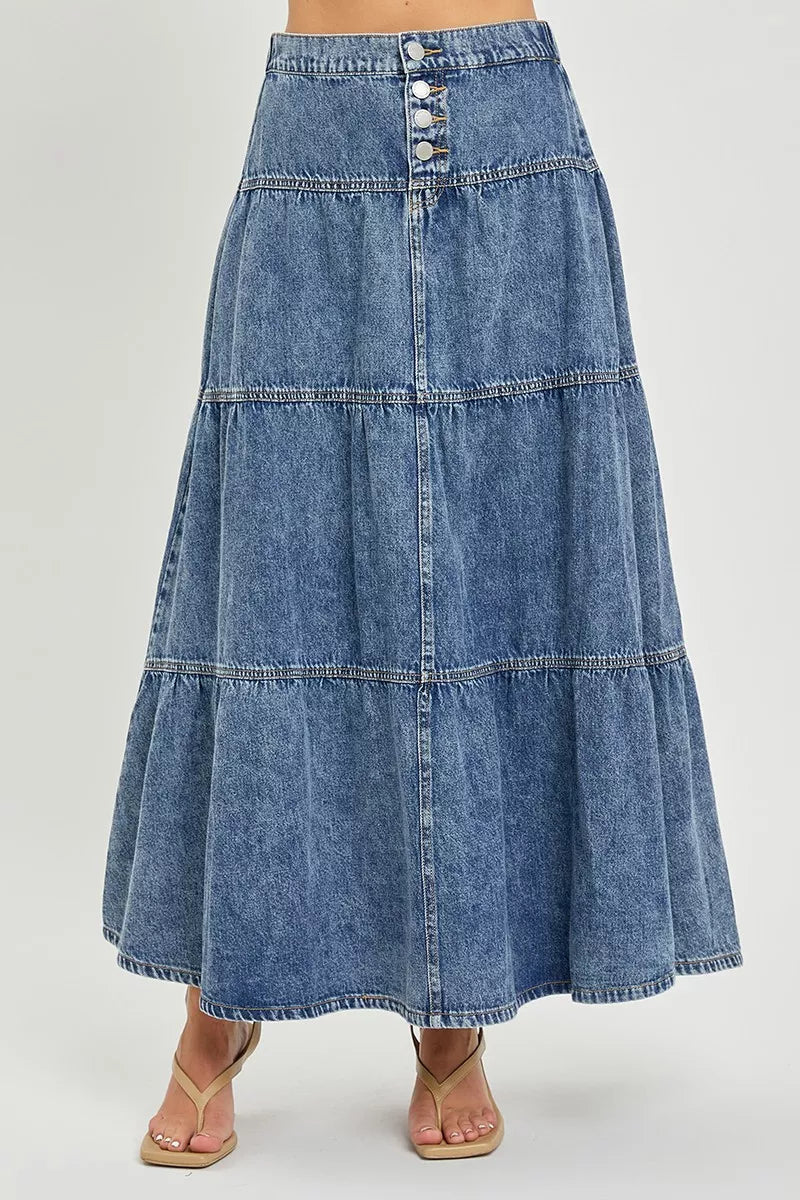 RISEN high waist tiered ruffle maxi skirt front view