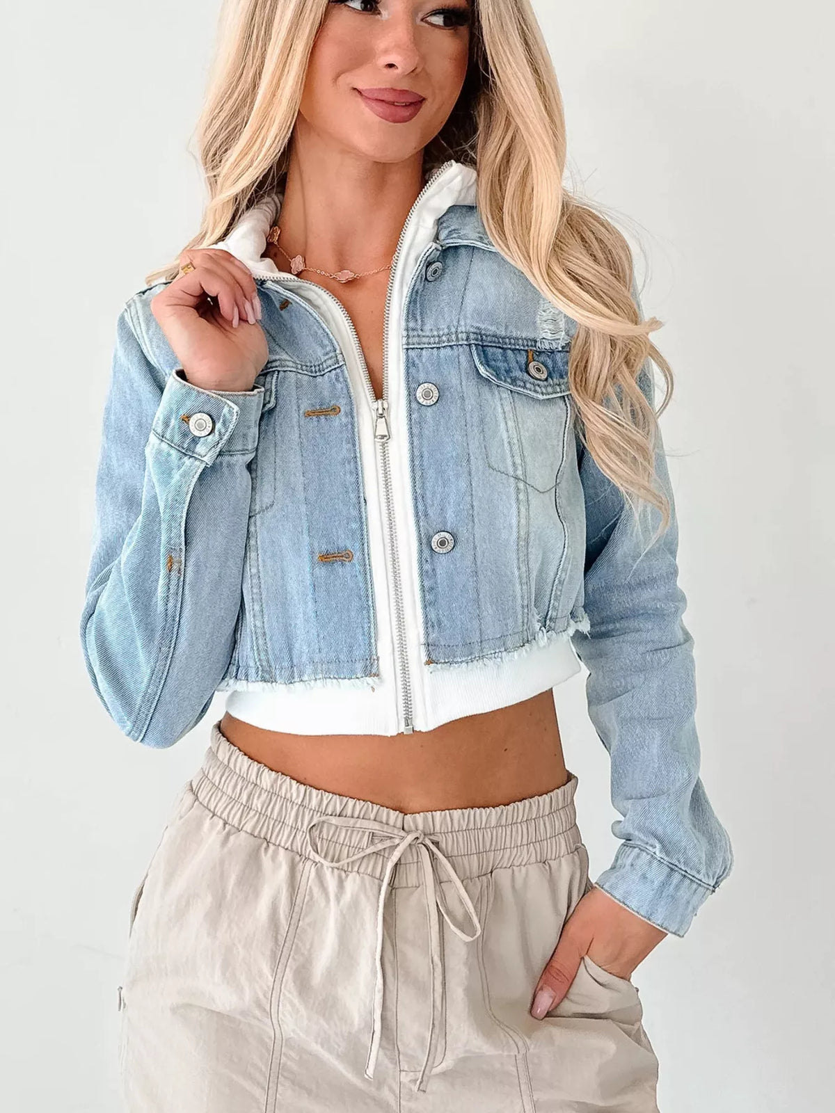Distressed Cropped Hooded Denim Jacket in Light Blue styled look
