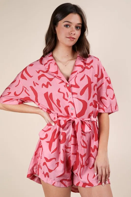 Oversized Printed Button Down Resort Romper detail