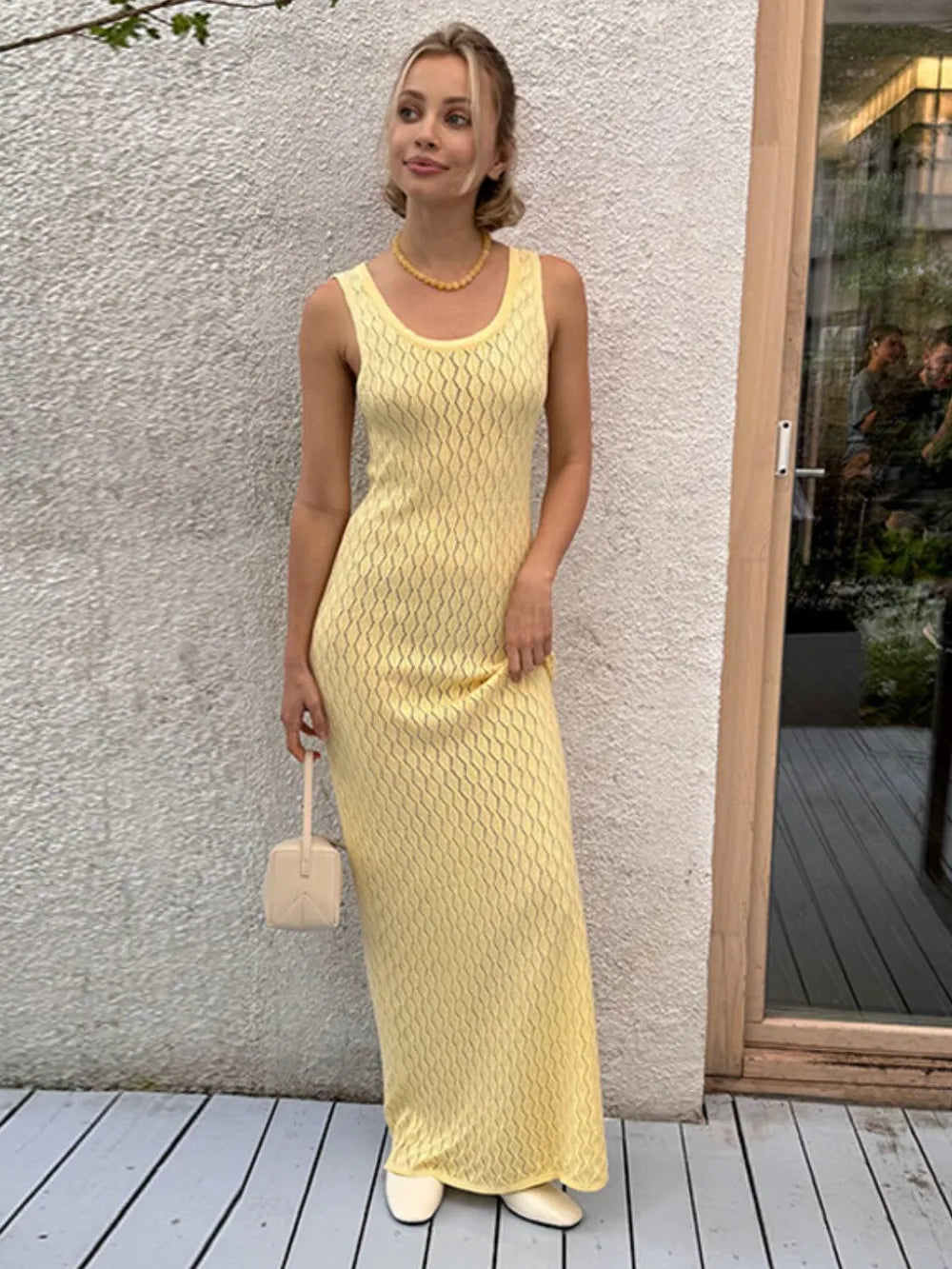yellow yellow openwork sleeveless maxi dress front view