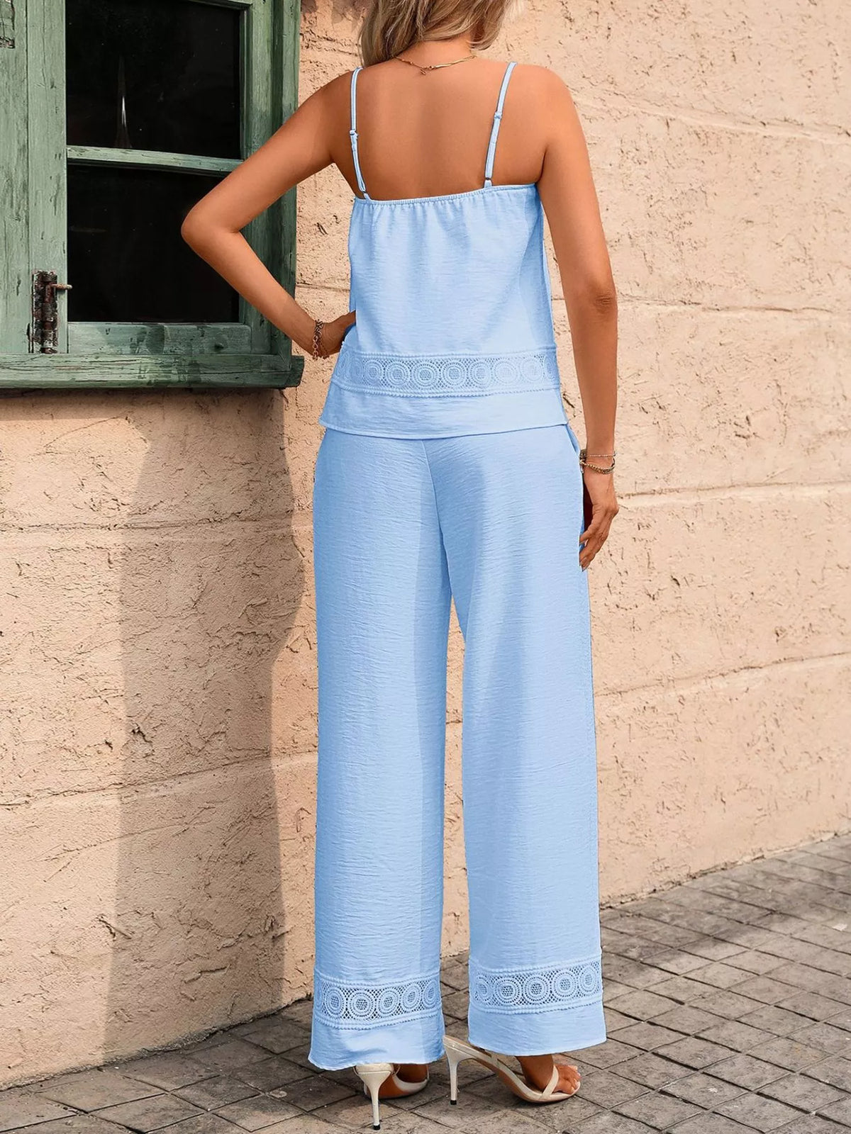 Lace Trim Cami and Wide Leg Pants Set, view 14