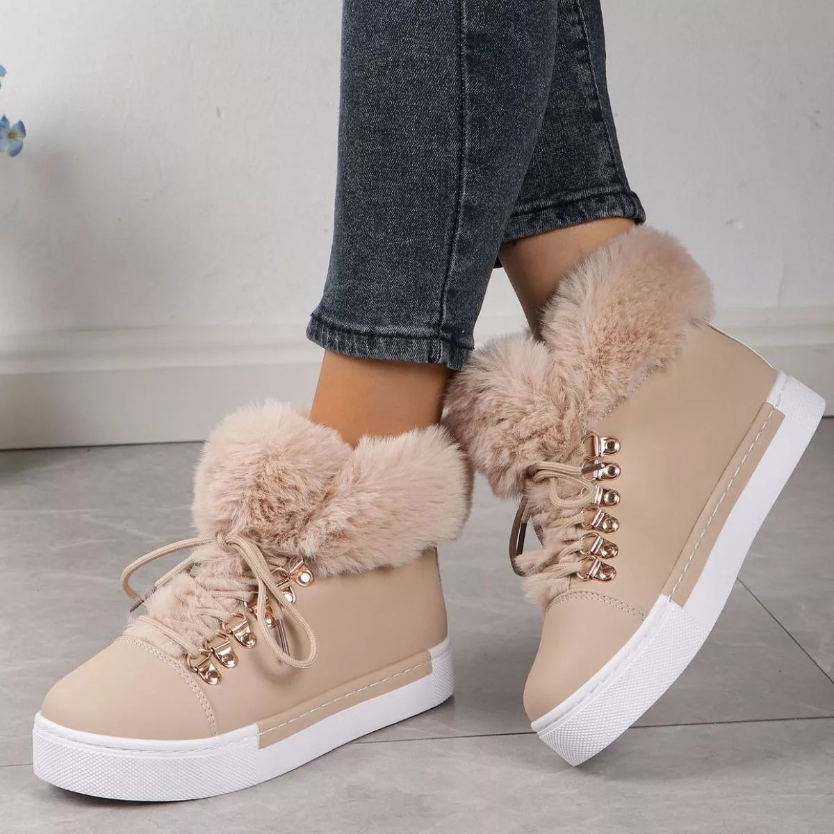 Fuzzy trim lace up ankle boots top down view