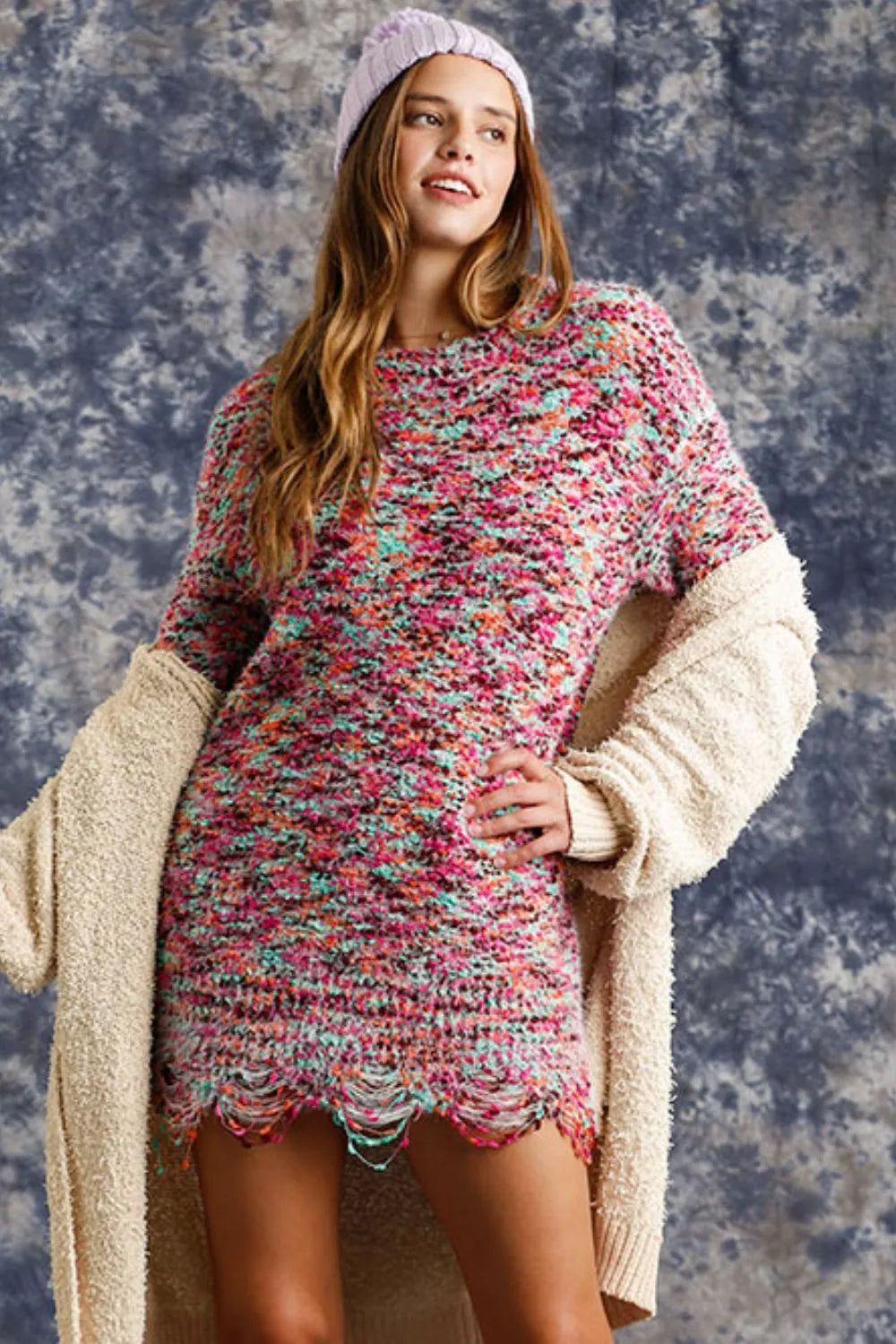 Distressed Hem Multicolored Round Neck Knit Tunic Dress