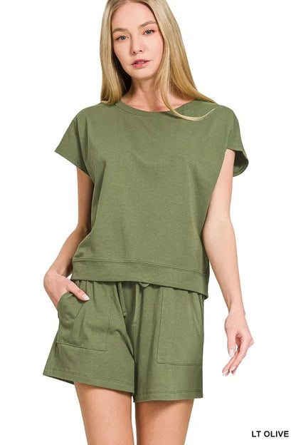 Zenana Premium Cotton Top & Shorts Set LT OLIVE - Fashorio