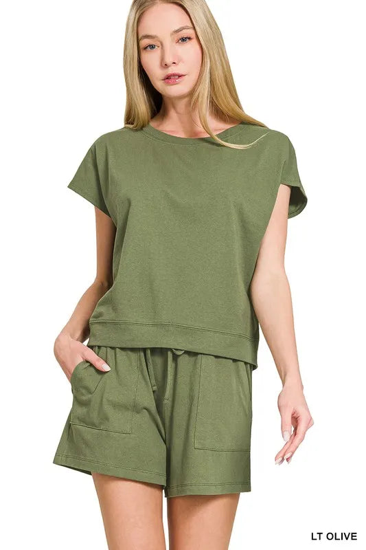 Zenana Premium Cotton Top & Shorts Set LT OLIVE - Fashorio