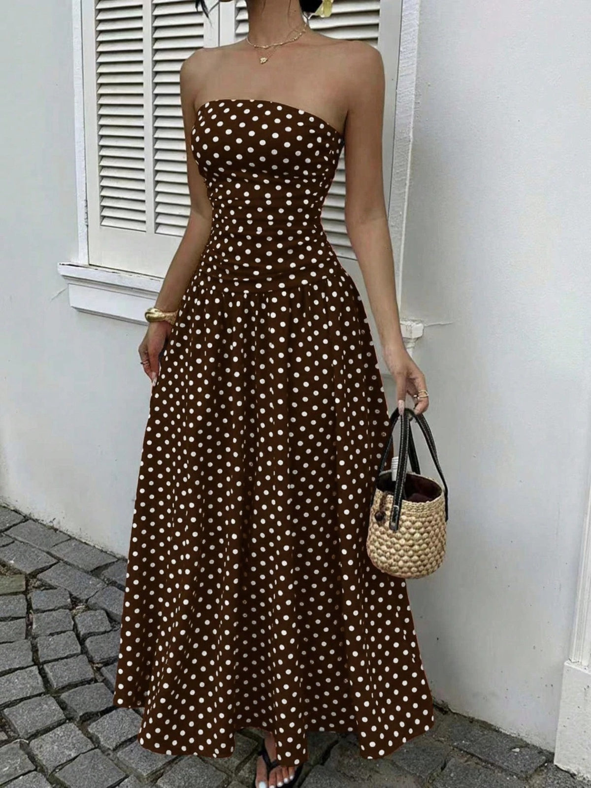 Polka dot strapless maxi dress styled look