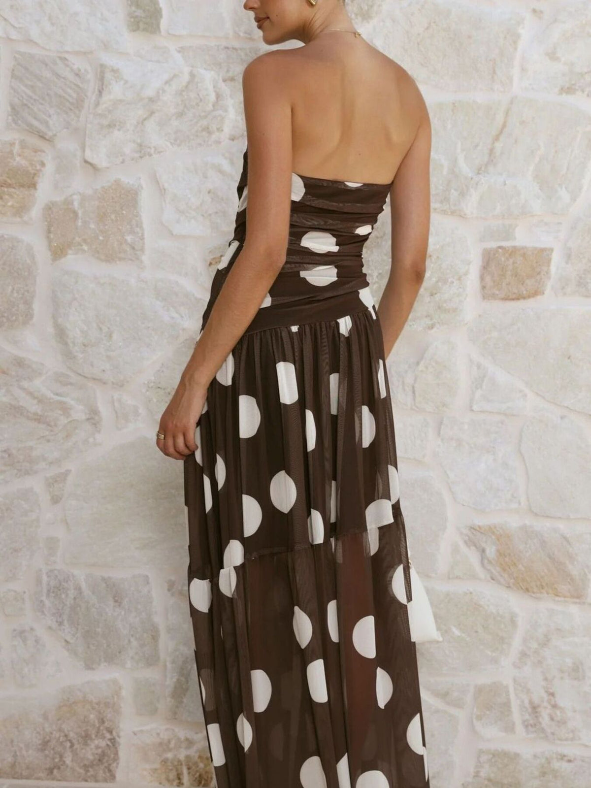 Polka dot strapless ruched maxi dress, back view