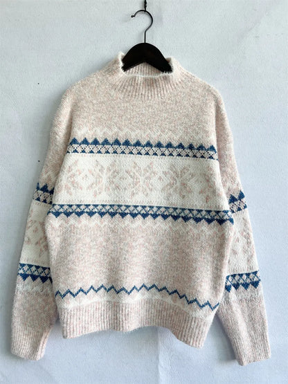 Geometric Mock Neck Dropped Shoulder Sweater - Fashorio