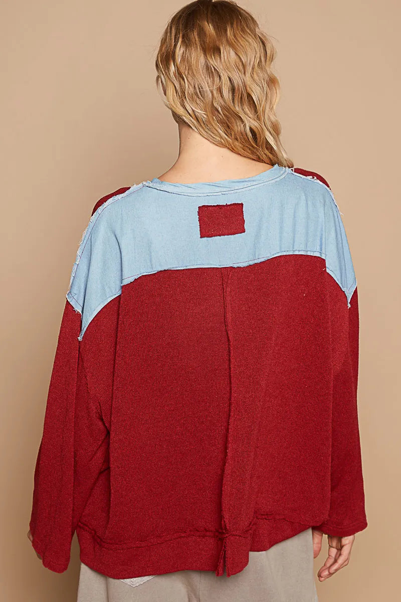 POL Exposed Seam Relaxed Fit Sweater with Star Denim Patch - Fashorio