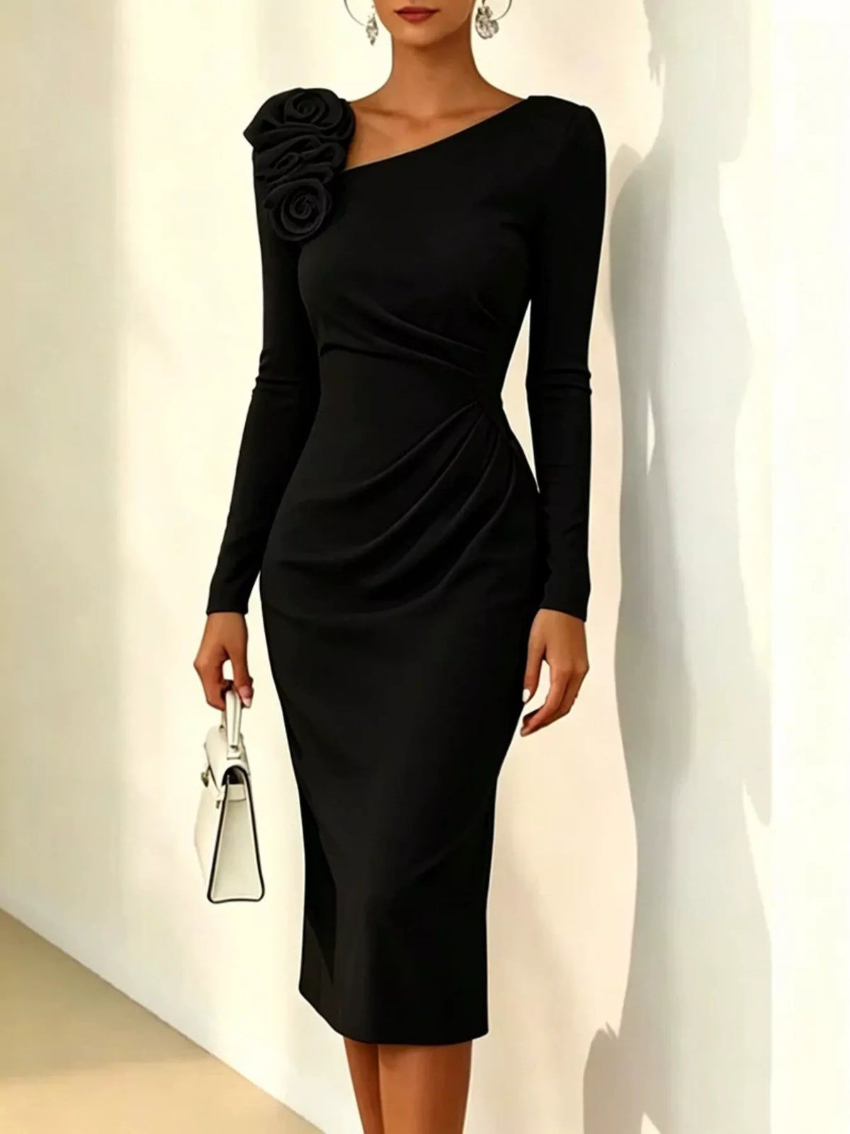 Rose embellished asymmetrical neck midi dress styled look