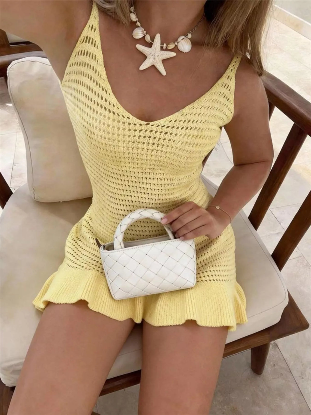 V neck crochet dress in yellow