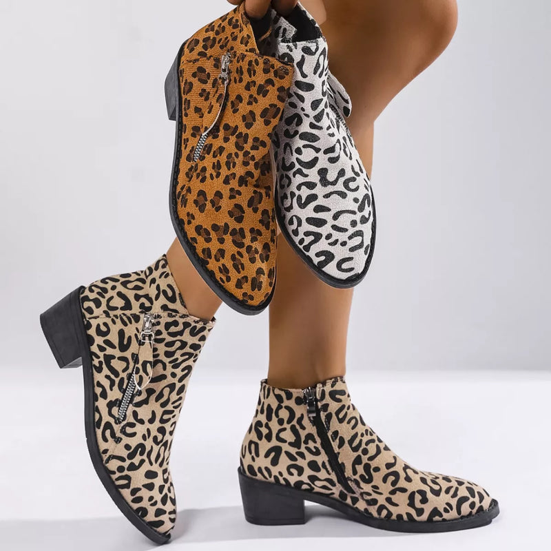 Leopard Print Block Heel Ankle Boots front view